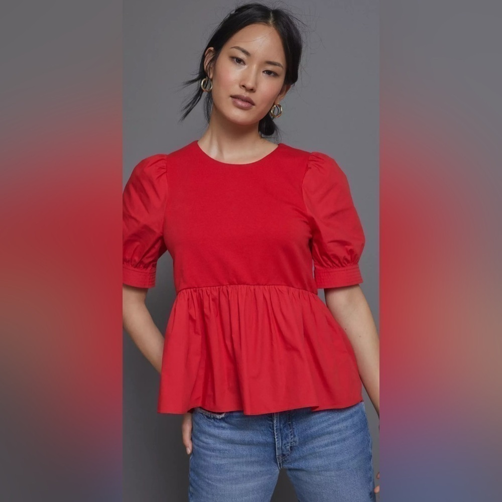 NEW Maeve by Anthropologie Carina Babydoll Top Red Puffed Sleeves XS